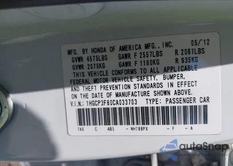 2012 Honda Accord 3.5 Ex-L from USA, damaged, VIN 1HGCP3F80CA033703